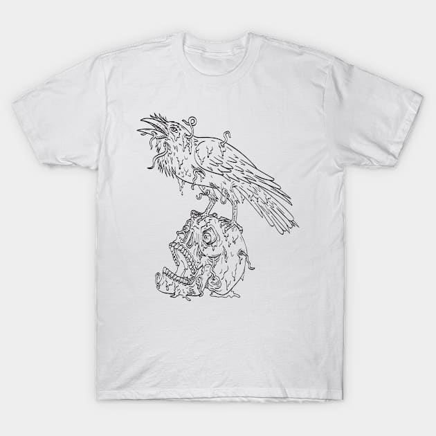 Raven Perching on Top of Human Skull Dripping with Earthworm or Borrowing Worm Line Art Drawing T-Shirt by patrimonio